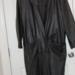 Vintage Woman's Long Black Leather Double Breasted Coat w/ Shoulder Pads Size M